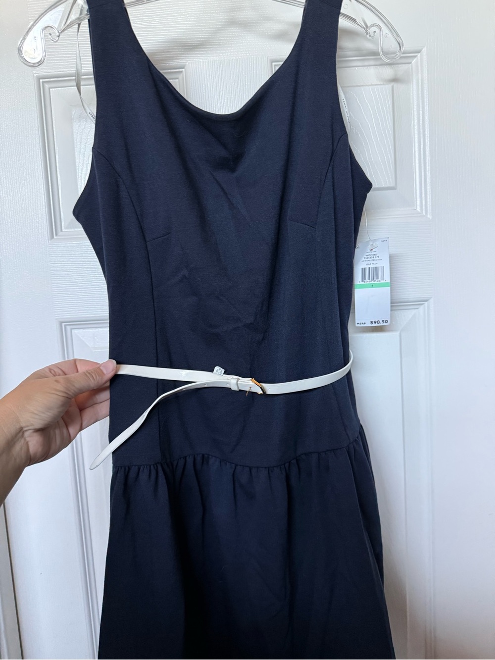 Women's Navy Sleeveless Drop Waist Dress with White Belt